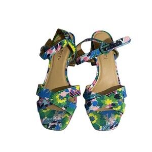Talbots Siena Rope Floral Green Blue Sandals Women 7.5 Ankle Strap Block Heel